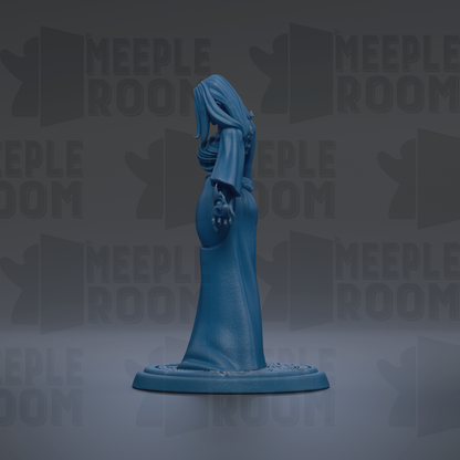 A blue figurine of a woman with long hair and a flowing dress stands on a base against a dark background with repeated text.