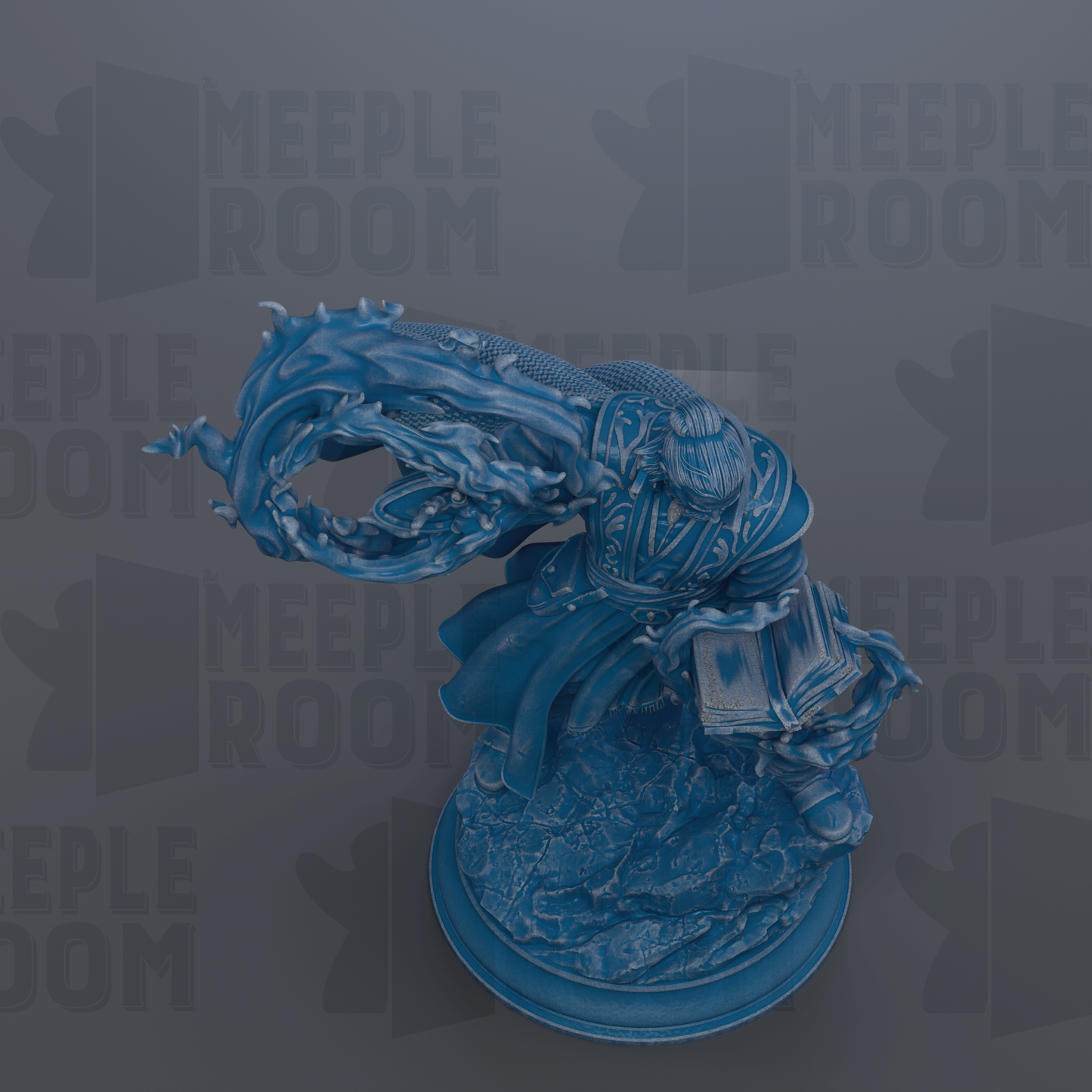 A blue figurine of a person holding a book and a sword, standing on a base.