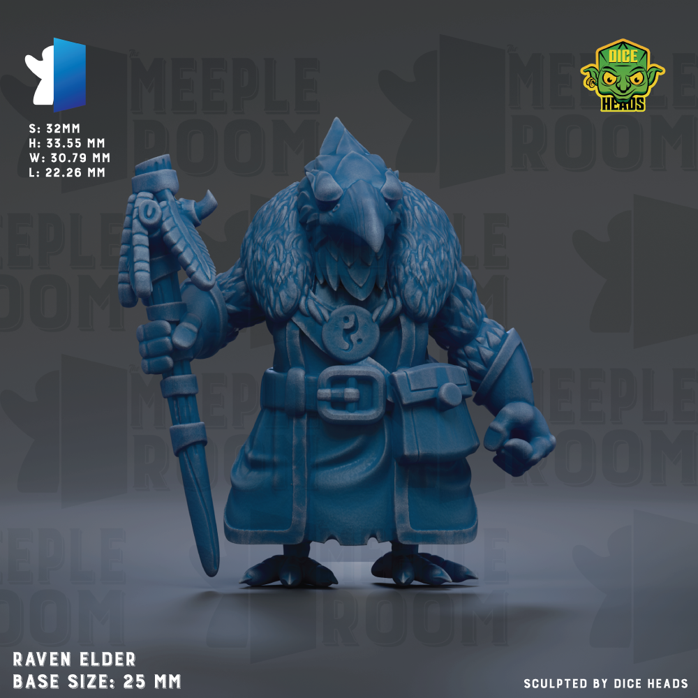 The image is a 3D rendering of a character in a blue outfit, holding a sword and standing in a room. The character appears to be a fantasy creature, possibly a dragon or a mythical being. The image is described as a "base size: 25mm" and is "sculpted by dice heads".
