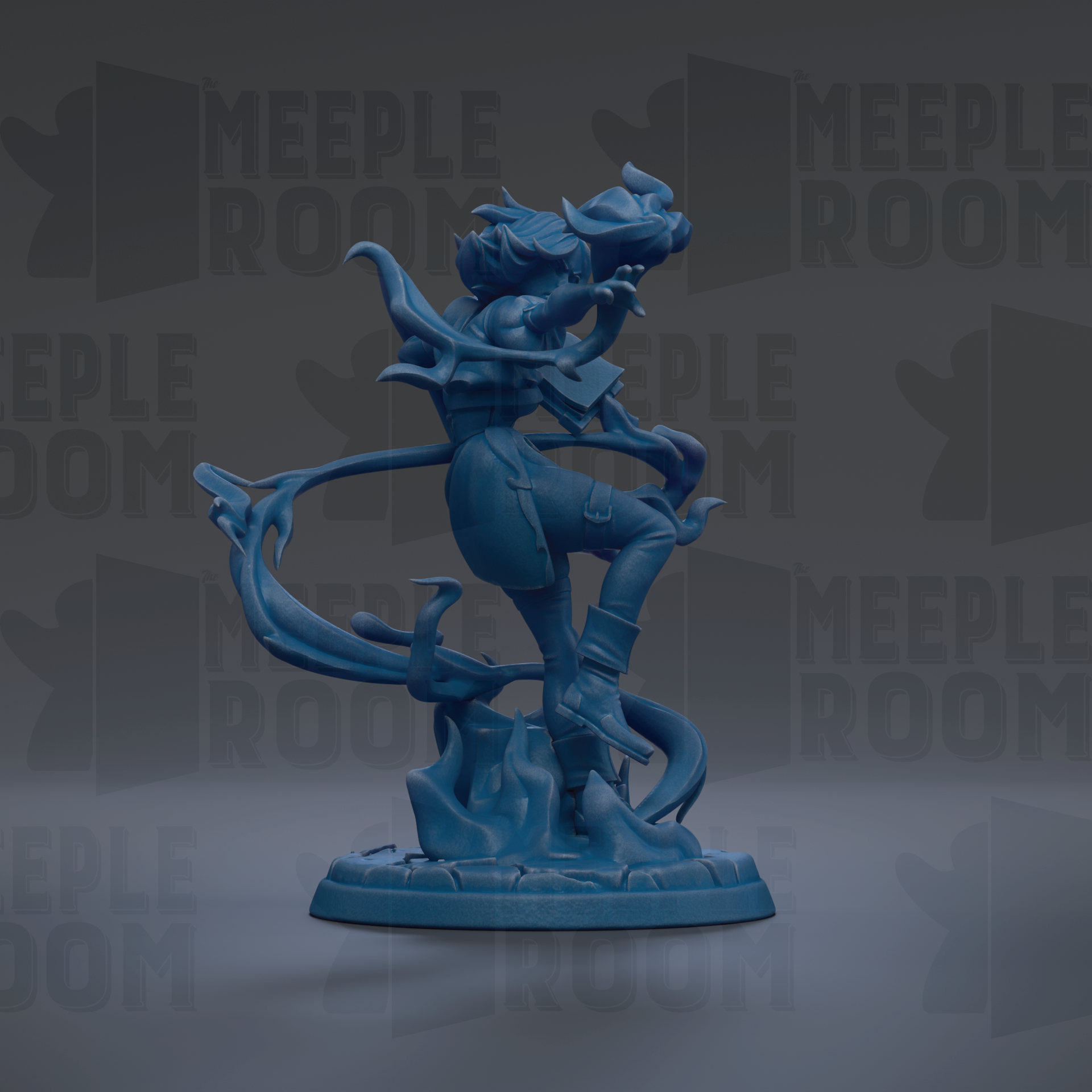 A blue figurine of a person with a fierce expression, standing on a base and appearing to be in motion.