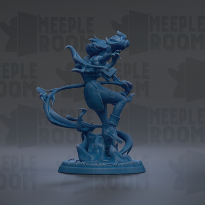 A blue figurine of a person with a fierce expression, standing on a base and appearing to be in motion.