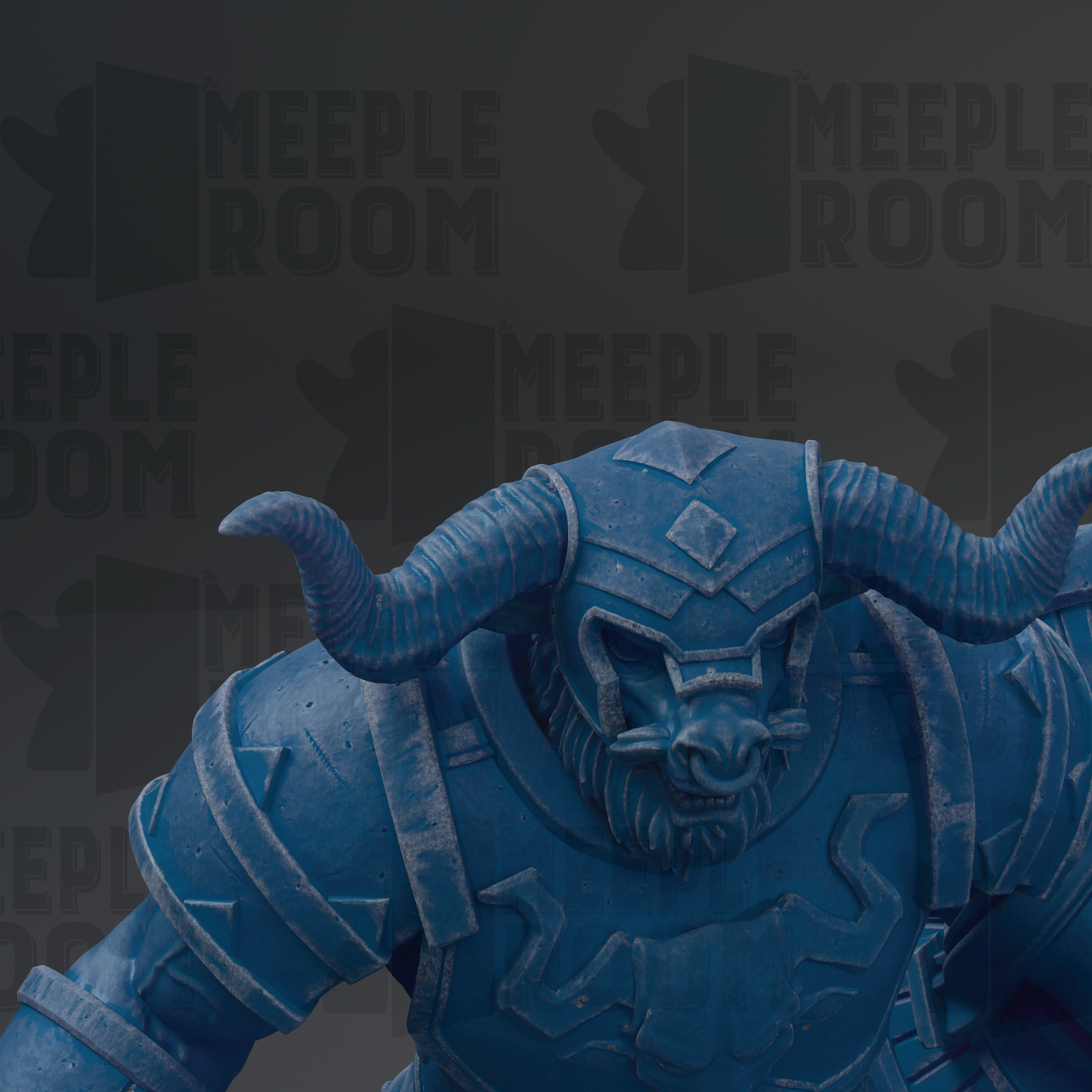 A close-up view of a blue, armored figure with horns, likely a mythical creature or a character from a fantasy world.