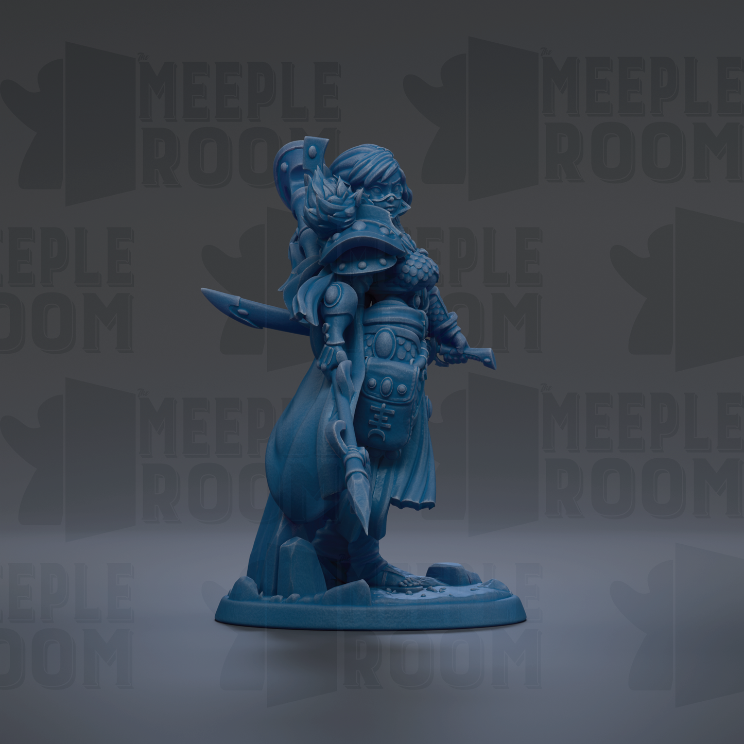 A blue figurine of a warrior standing on a base, holding a sword and shield, against a dark background with repeated text.