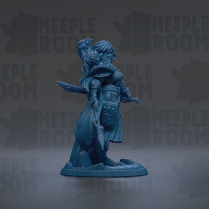 A blue figurine of a warrior standing on a base, holding a sword and shield, against a dark background with repeated text.