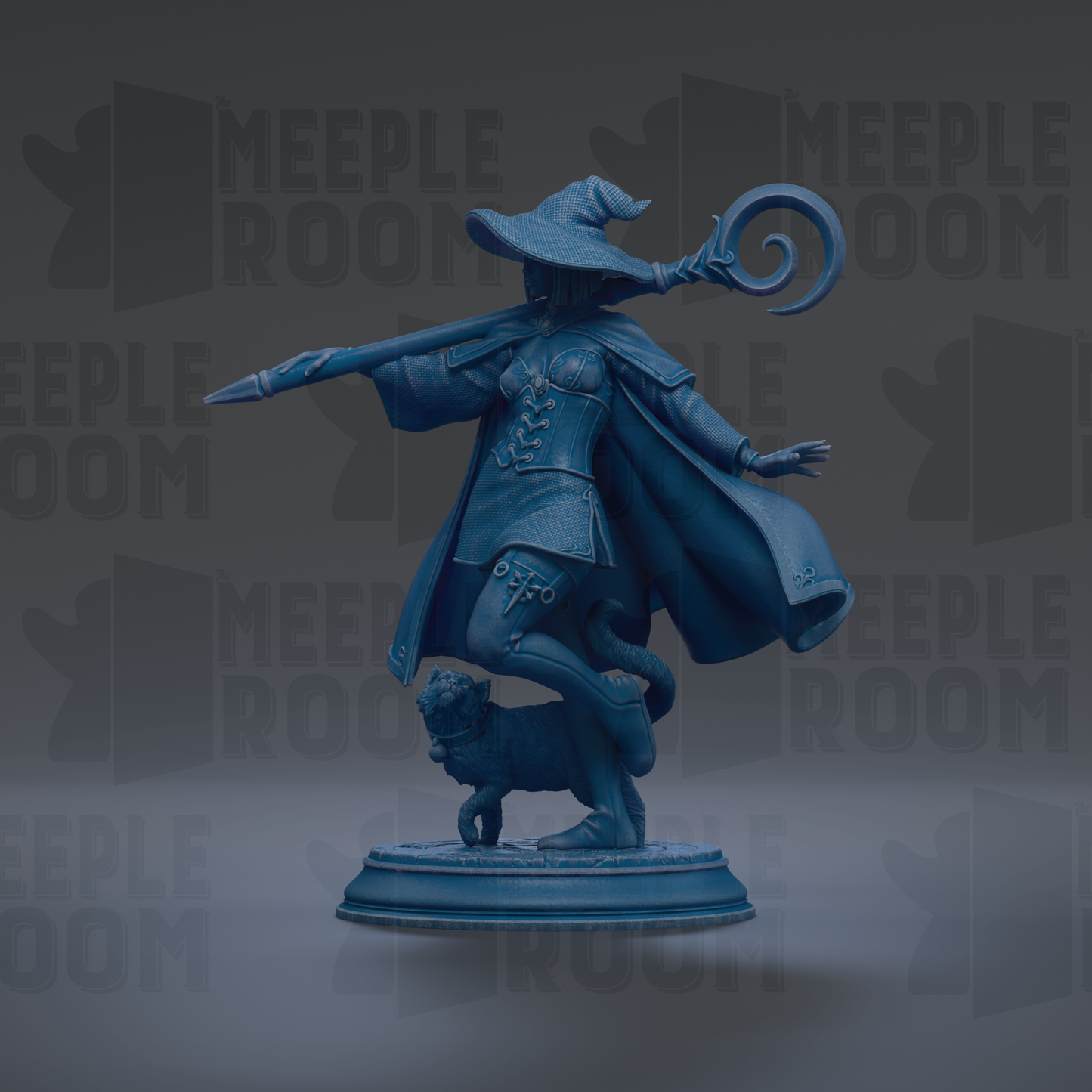 A blue statue of a wizard standing on a pedestal, holding a staff and accompanied by a small animal.