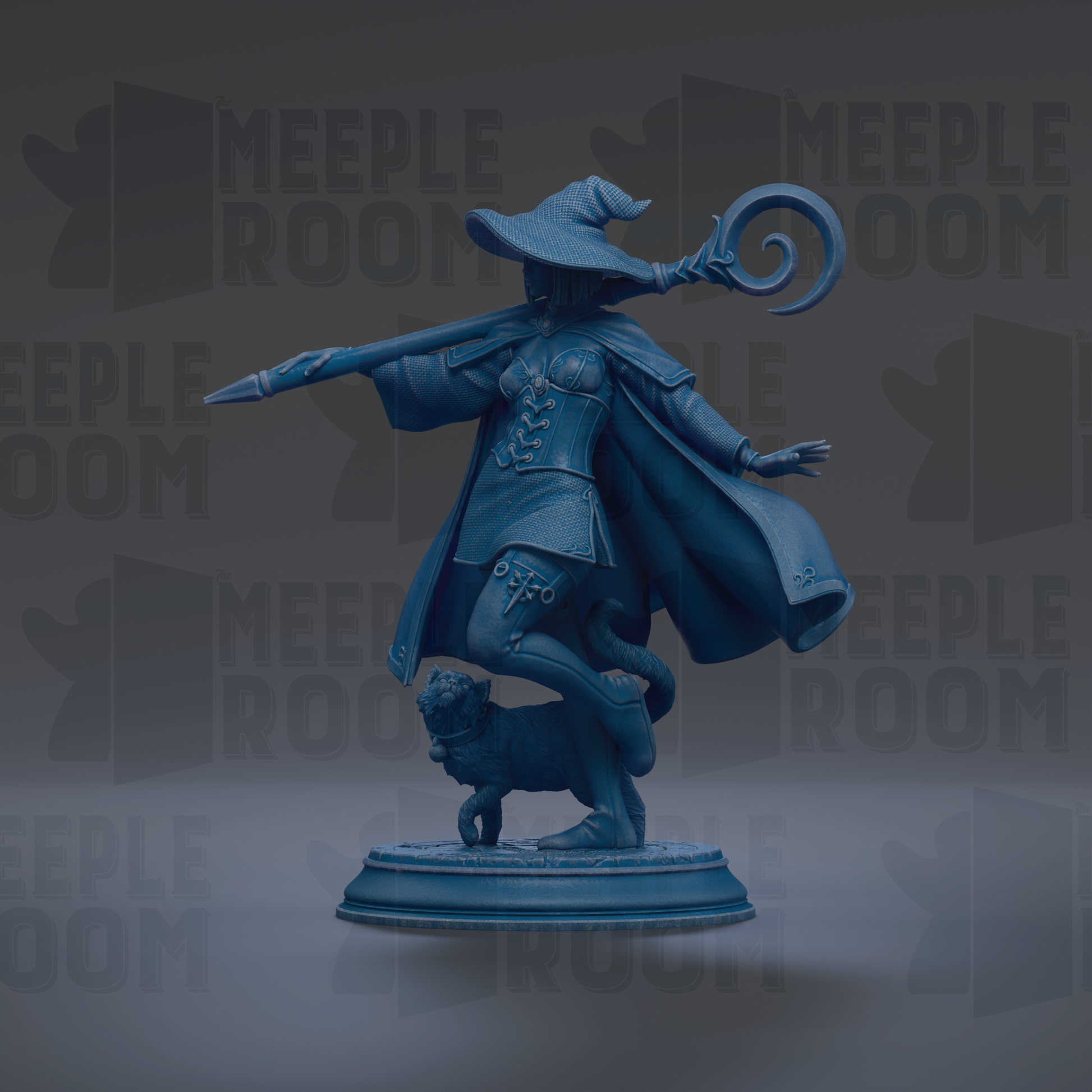 A blue statue of a wizard standing on a pedestal, holding a staff and accompanied by a small animal.