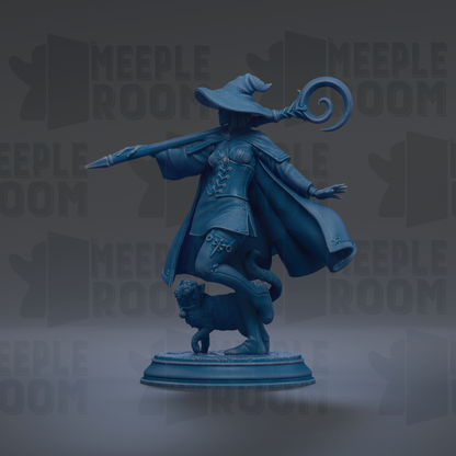 A blue statue of a wizard standing on a pedestal, holding a staff and accompanied by a small animal.