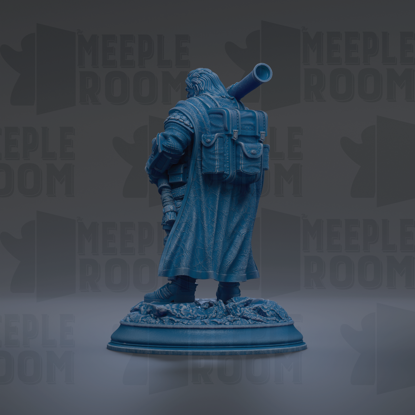 A blue statue of a person with a backpack and a large object on their back, standing on a base.