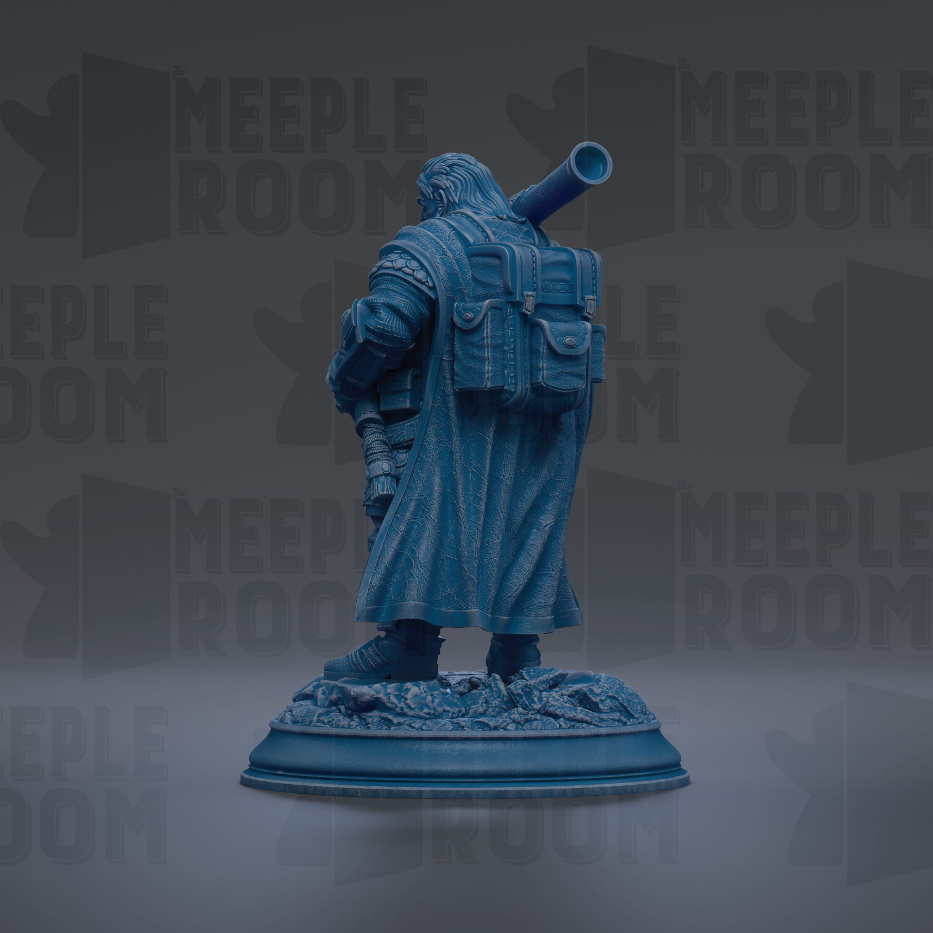 A blue statue of a person with a backpack and a large object on their back, standing on a base.