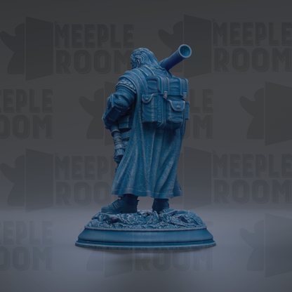 A blue statue of a person with a backpack and a large object on their back, standing on a base.