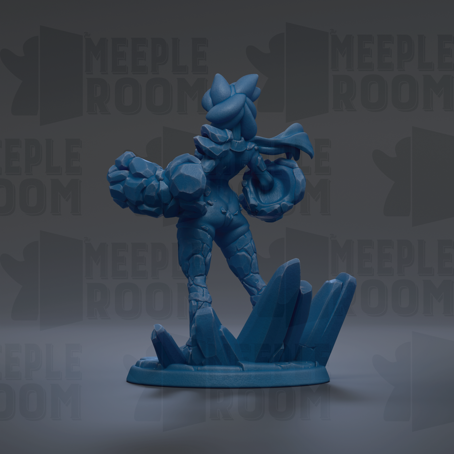 A blue figurine of a character with a large head and arms, standing on a base with spikes, against a dark background with repeated text.