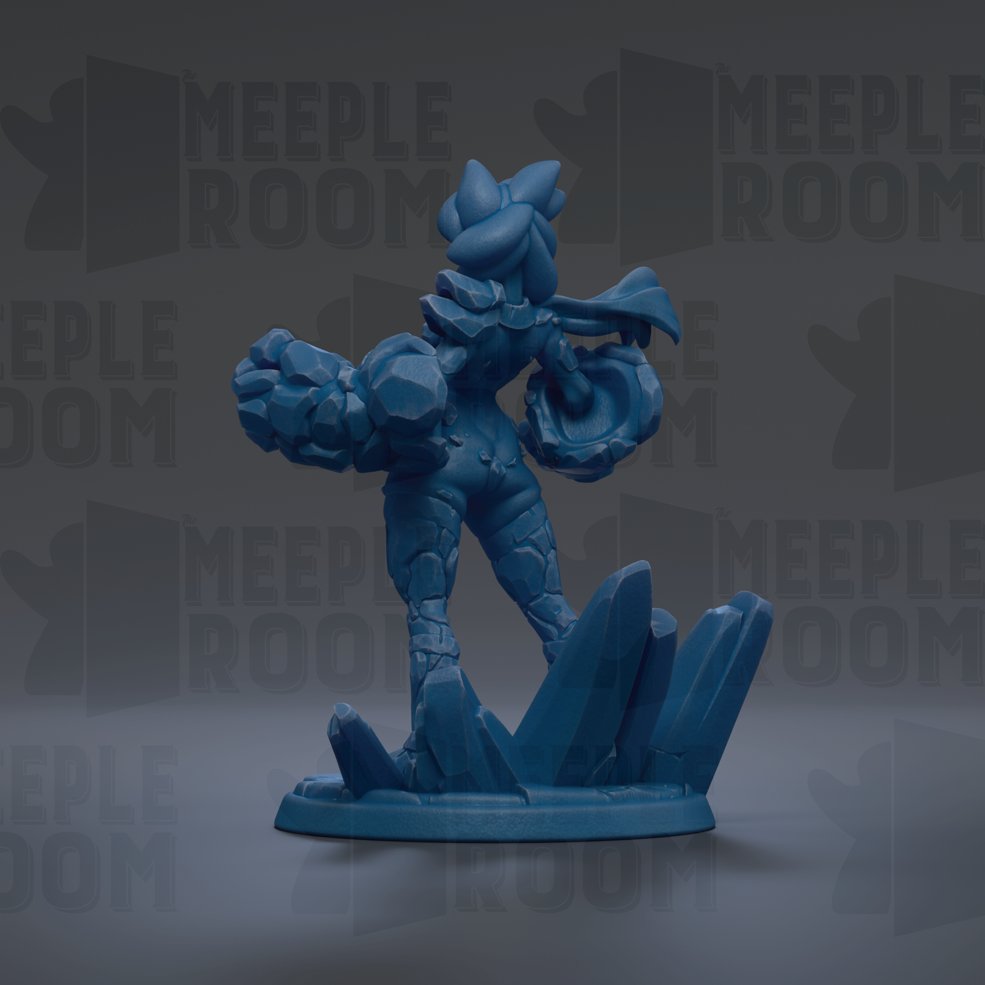 A blue figurine of a character with a large head and arms, standing on a base with spikes, against a dark background with repeated text.