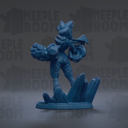 A blue figurine of a character with a large head and arms, standing on a base with spikes, against a dark background with repeated text.