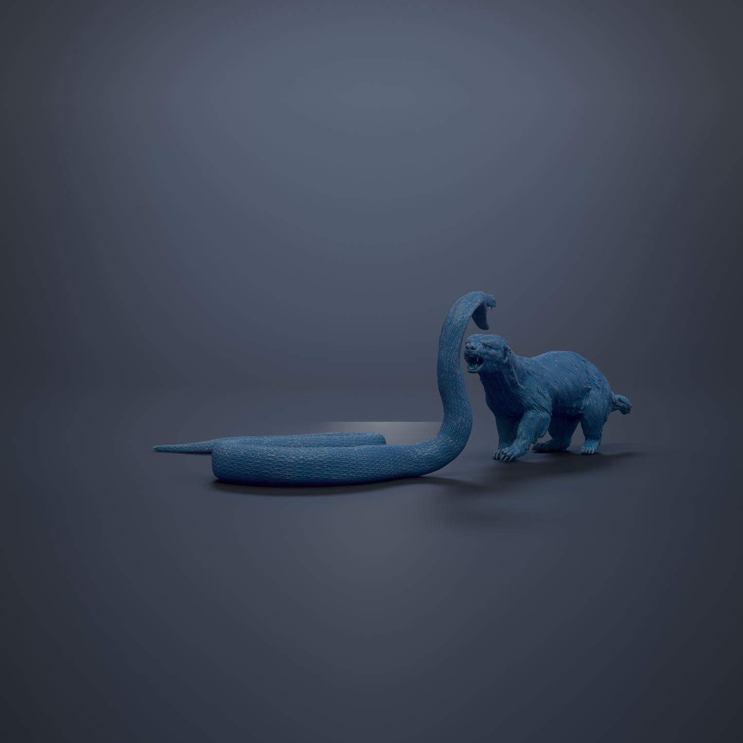 A blue toy animal, possibly a snake or a lizard, is shown in the image, with its head raised and appearing to be in a defensive or aggressive stance.