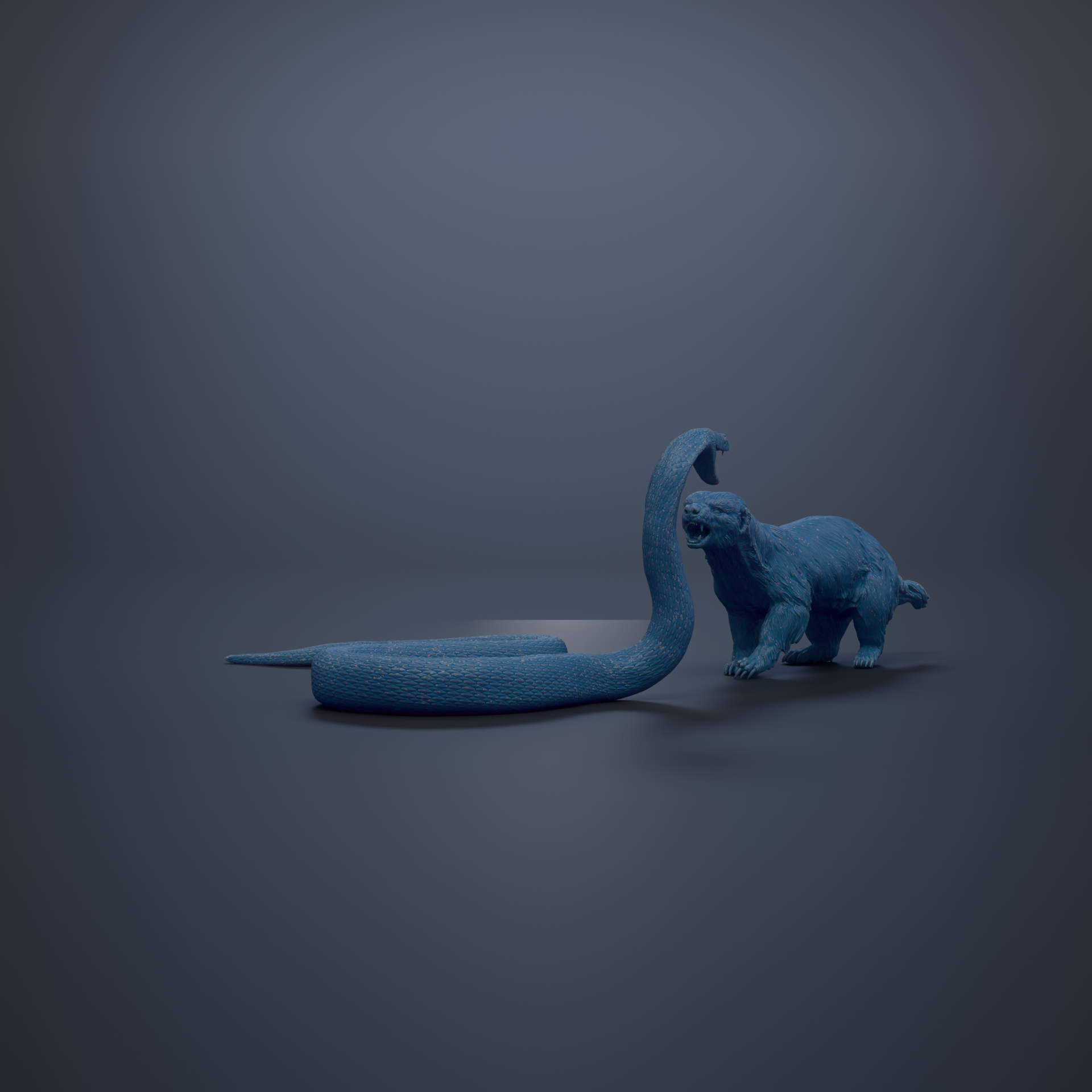 A blue toy animal, possibly a snake or a lizard, is shown in the image, with its head raised and appearing to be in a defensive or aggressive stance.