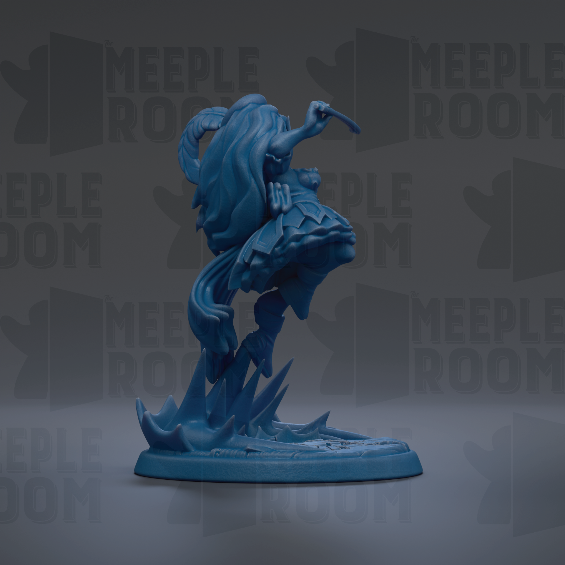 A blue figurine of a fantastical creature with long hair and a flowing tail, standing on a base and appearing to be in motion.