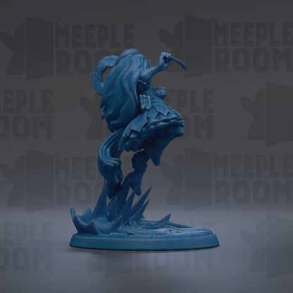 A blue figurine of a fantastical creature with long hair and a flowing tail, standing on a base and appearing to be in motion.