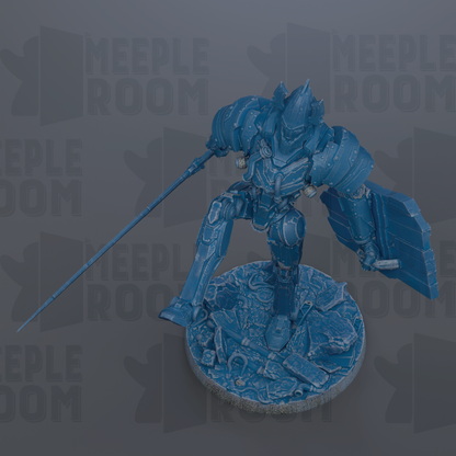 A blue, armored robot figurine is shown in a dynamic pose, with a sword in its hand, against a dark background with repeated text.