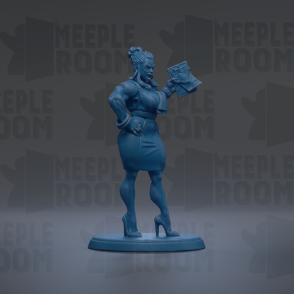 A blue figurine of a woman holding a book stands on a blue base against a dark background with repeated text.