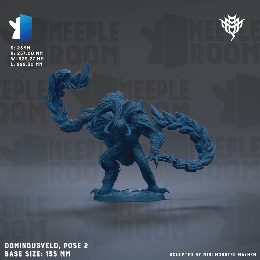 a figurine of a blue creature with a large head and long tail, standing on a base and posing in a dynamic, fighting stance. The creature appears to be a miniature model of a monster or dragon, with intricate details and a realistic pose. The image is described as a "collage of multiple images" and is labeled as "DOMINOUSVEELD, pose 2" with a base size of "135 MM". The image is described as "SURPLED BY MINI MONSTER MAYHEM".