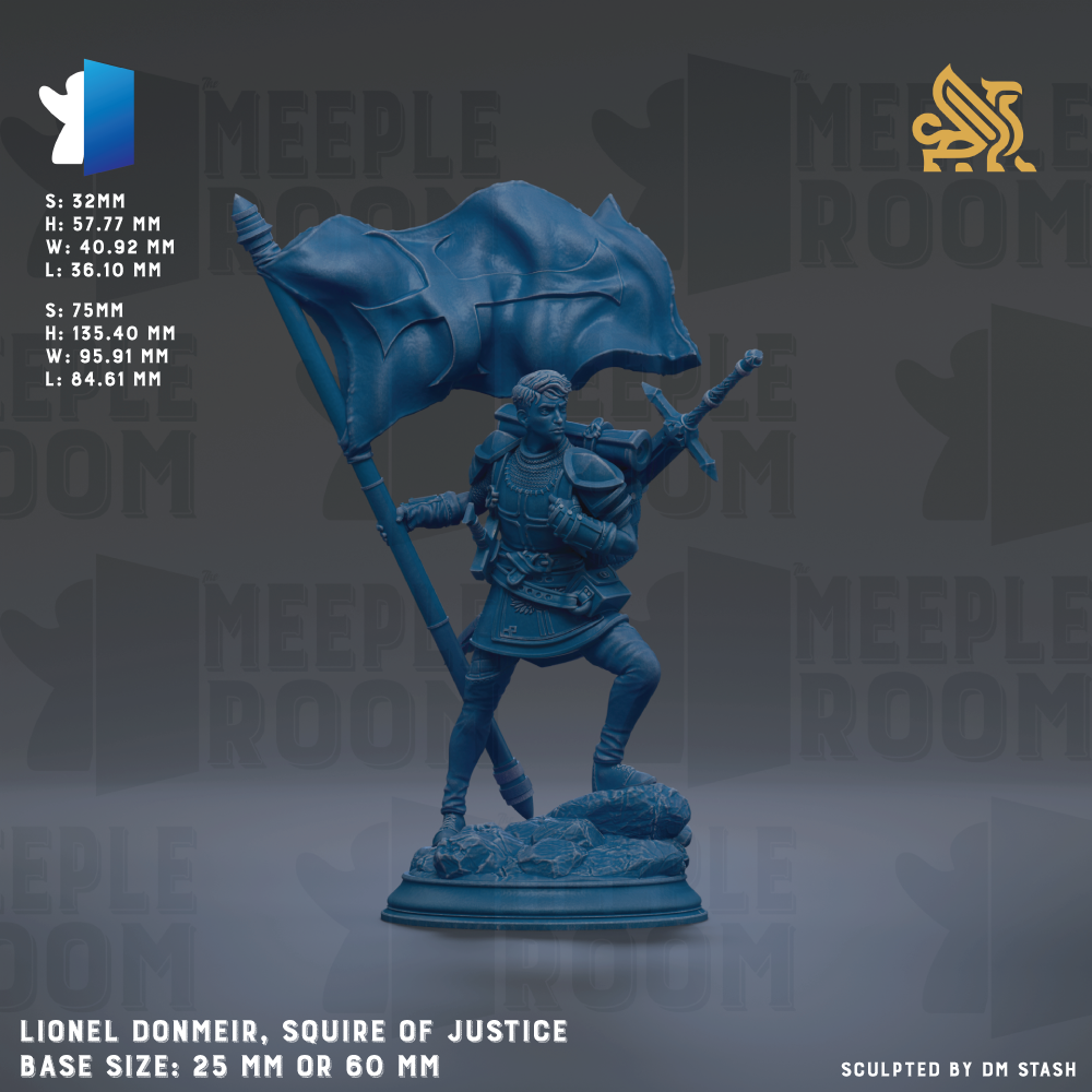 a figurine of a knight, specifically a squire of justice, holding a flag and standing on a pedestal. The base size of the figurine is 25mm or 60mm.