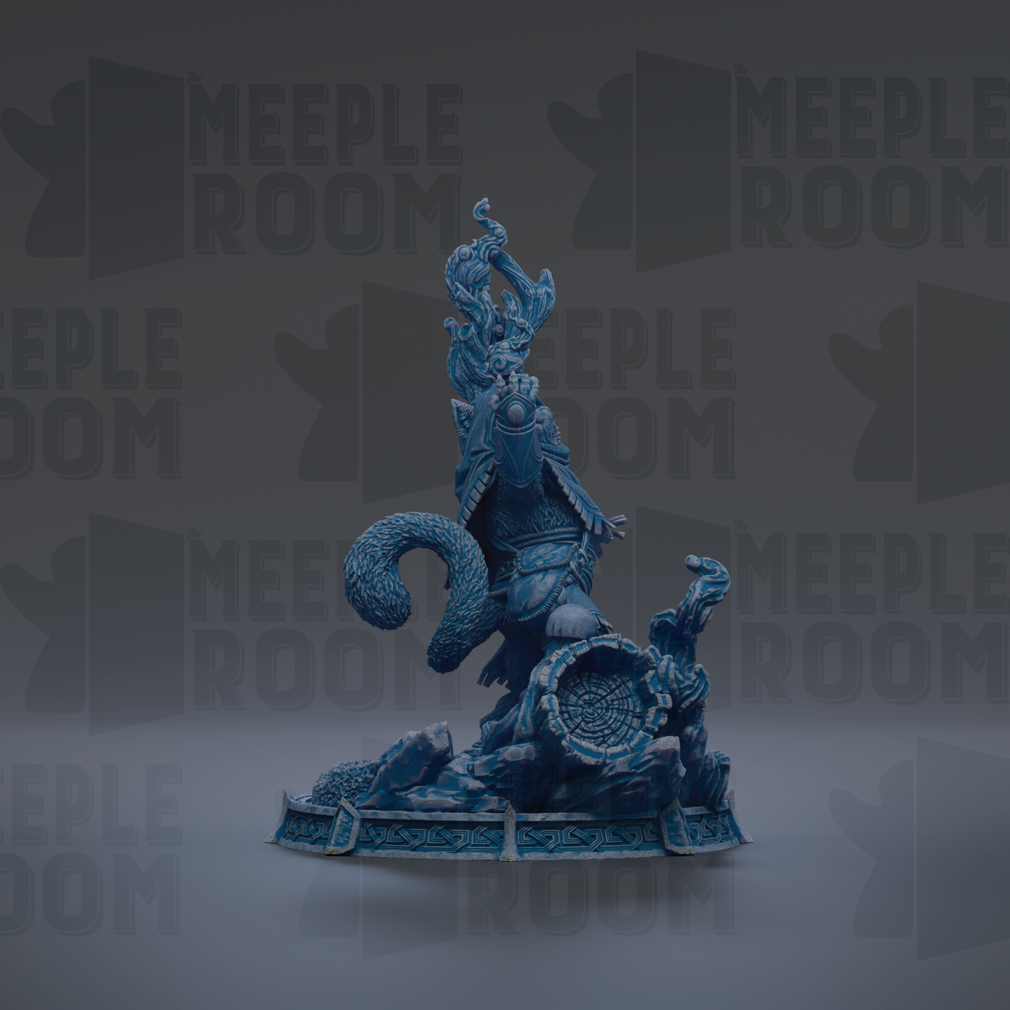 A blue, 3D-rendered statue of a dragon-like creature with a long, flowing tail and a fierce expression, standing on a platform.