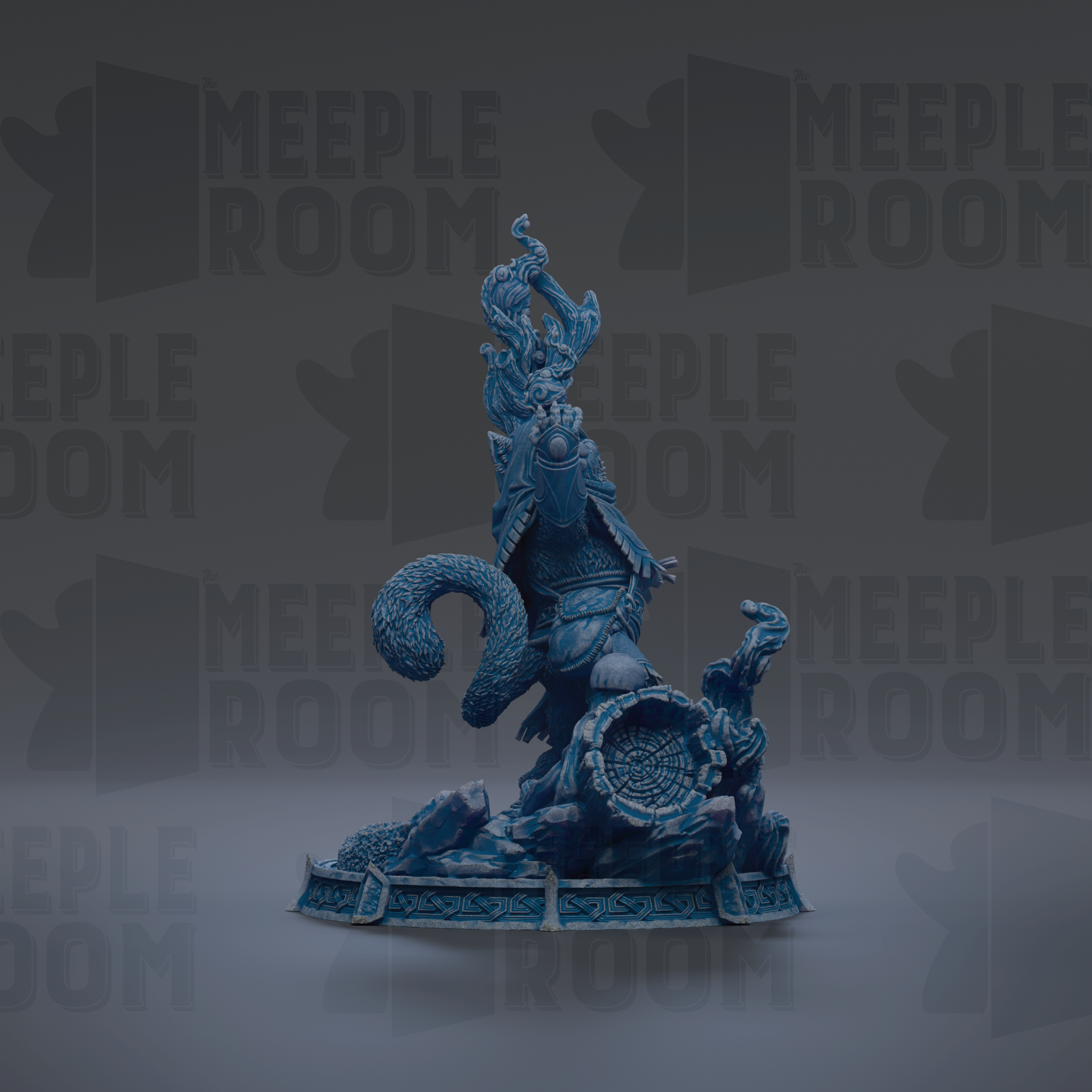 A blue, 3D-rendered statue of a dragon-like creature with a long, flowing tail and a fierce expression, standing on a platform.