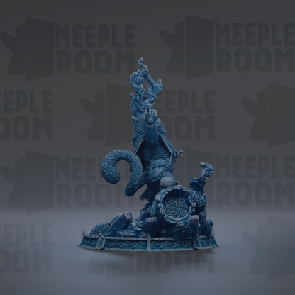 A blue, 3D-rendered statue of a dragon-like creature with a long, flowing tail and a fierce expression, standing on a platform.