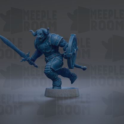 A blue warrior figurine is depicted in a dynamic pose, holding a shield and sword, with the text "MEEPLE ROOM" repeated in the background.