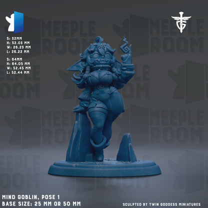 The image is a 3D model of a blue figurine of a woman, likely a character from a video game or animated series. The figurine is posed in a standing position, with one leg raised and the other bent at the knee. The figurine is set against a dark background, which highlights its details and colors. The image is described as a "MIND GOBLIN, POSE 1" and is labeled as a "BASE SIZES: 28 MM OR 50 MM". It is also described as a "Sculpted by Twin Goddess Miniatures".