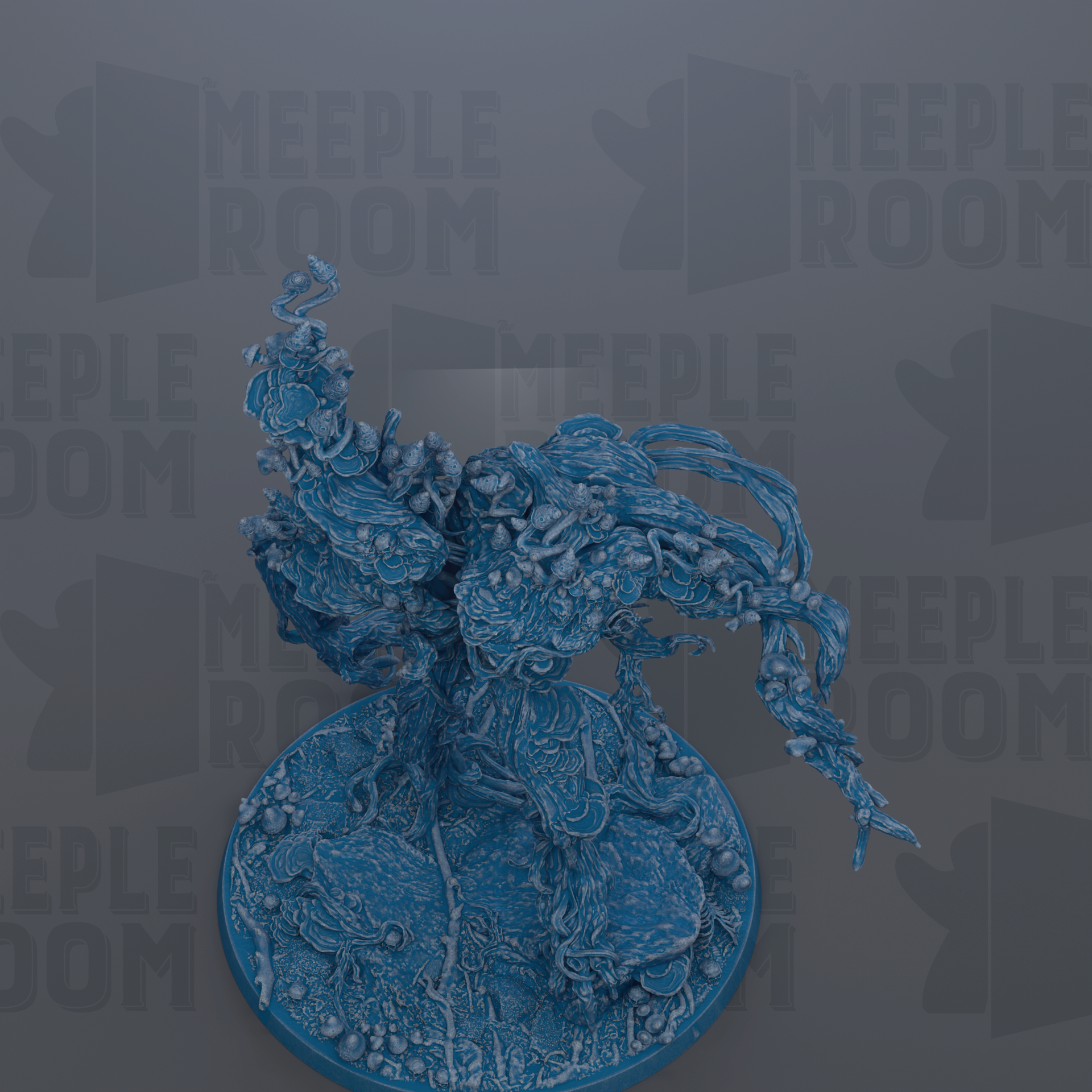 a blue, abstract, and organic-looking creature or sculpture, possibly resembling a plant or a mythical being, set against a dark background with repeated text.