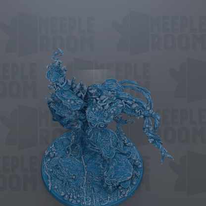 a blue, abstract, and organic-looking creature or sculpture, possibly resembling a plant or a mythical being, set against a dark background with repeated text.