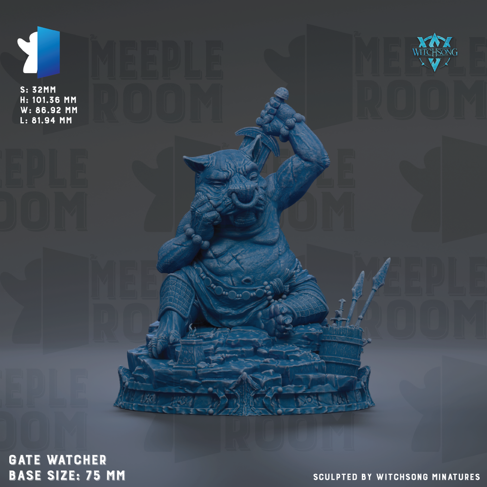 A blue, sculpted statue of a creature with a large head and a smaller body, sitting on a platform and holding a weapon. The statue appears to be a gate watcher or similar type of figure.