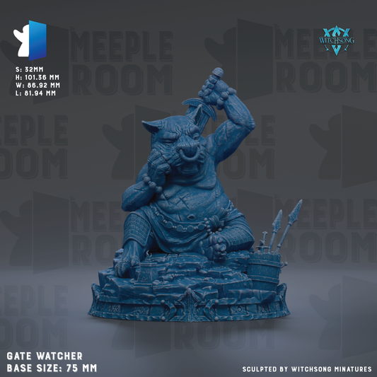 A blue, sculpted statue of a creature with a large head and a smaller body, sitting on a platform and holding a weapon. The statue appears to be a gate watcher or similar type of figure.