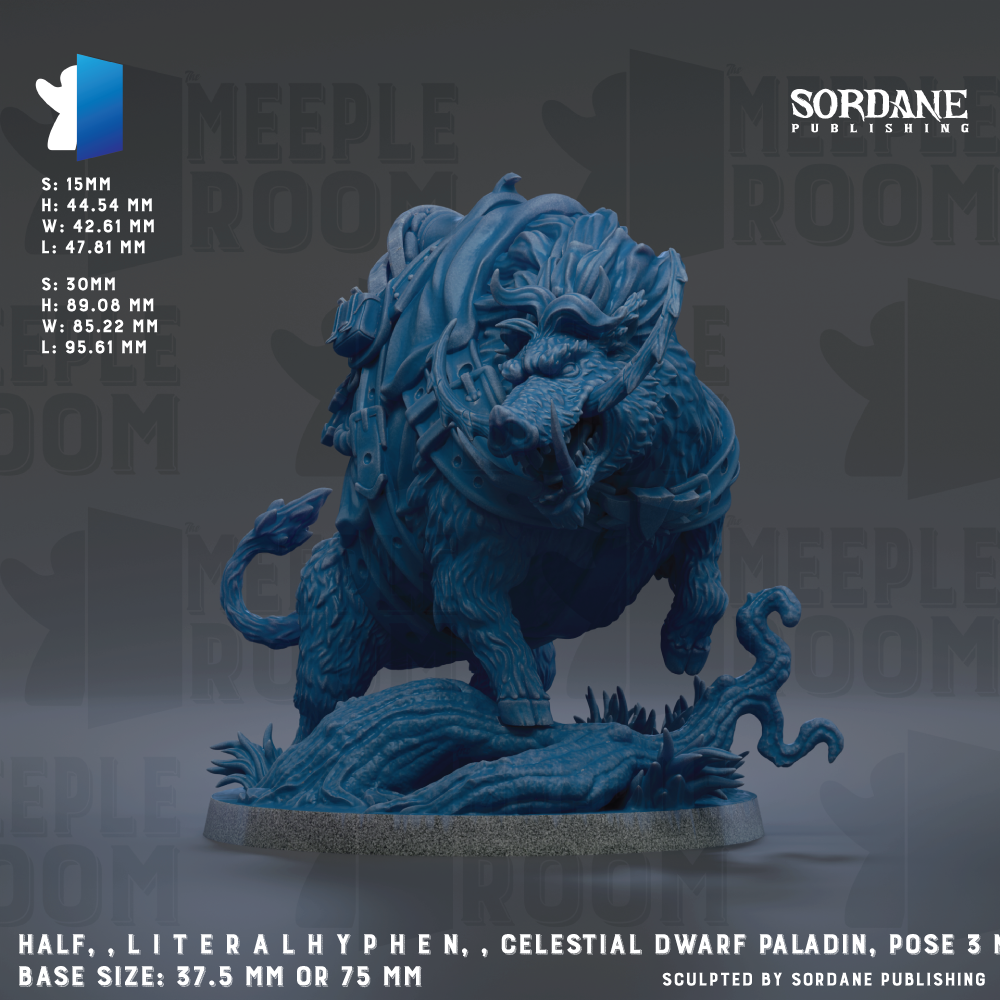 The image is a detailed 3D model of a celestial dwarf paladin, a type of fantasy creature, with a blue color scheme. The model is shown in a dynamic pose, standing on a rock formation. The base size of the model is either 37 mm or 75 mm, depending on the perspective. The image is a collage of multiple images, and it is described as a half, literally hyphhen, and celestial dwarf paladin. The base size of the model is either 3 mm or 75 mm. The image is published by Sordane Publishing.