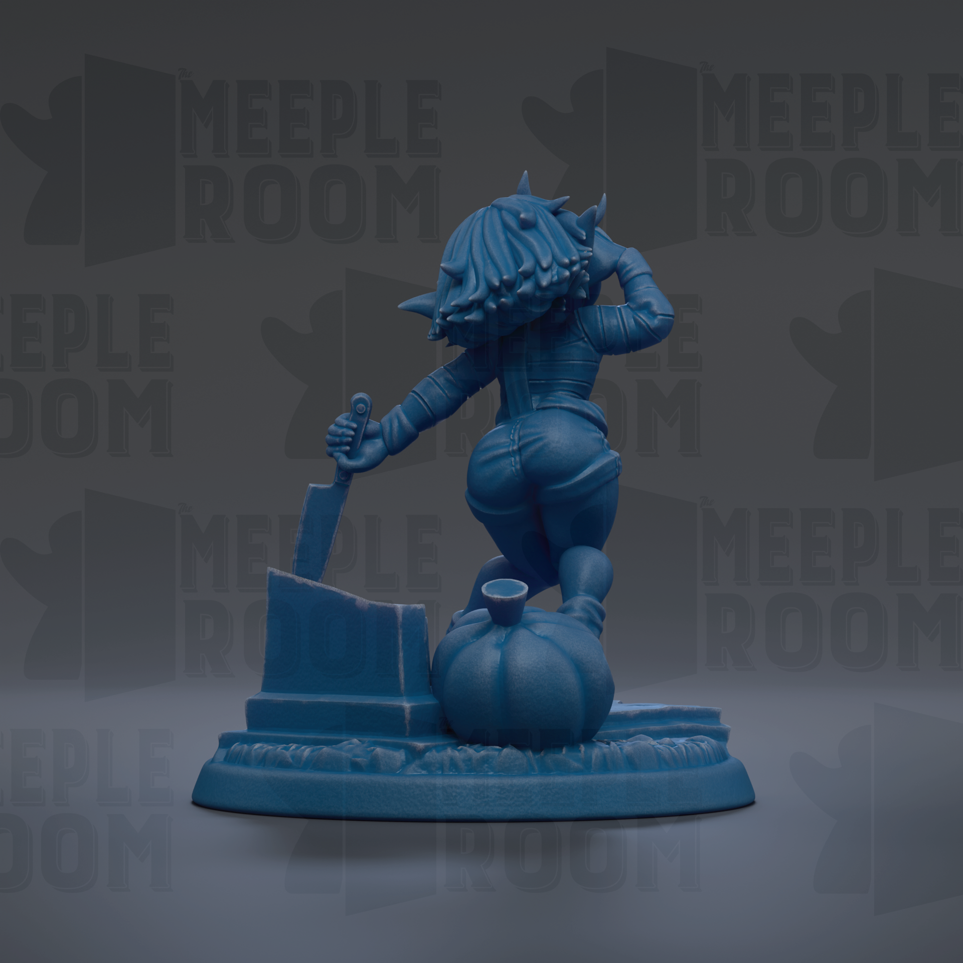A blue figurine of a person holding a sword and standing on a pumpkin, with the text "MEUPLE ROOM" repeated in the background.