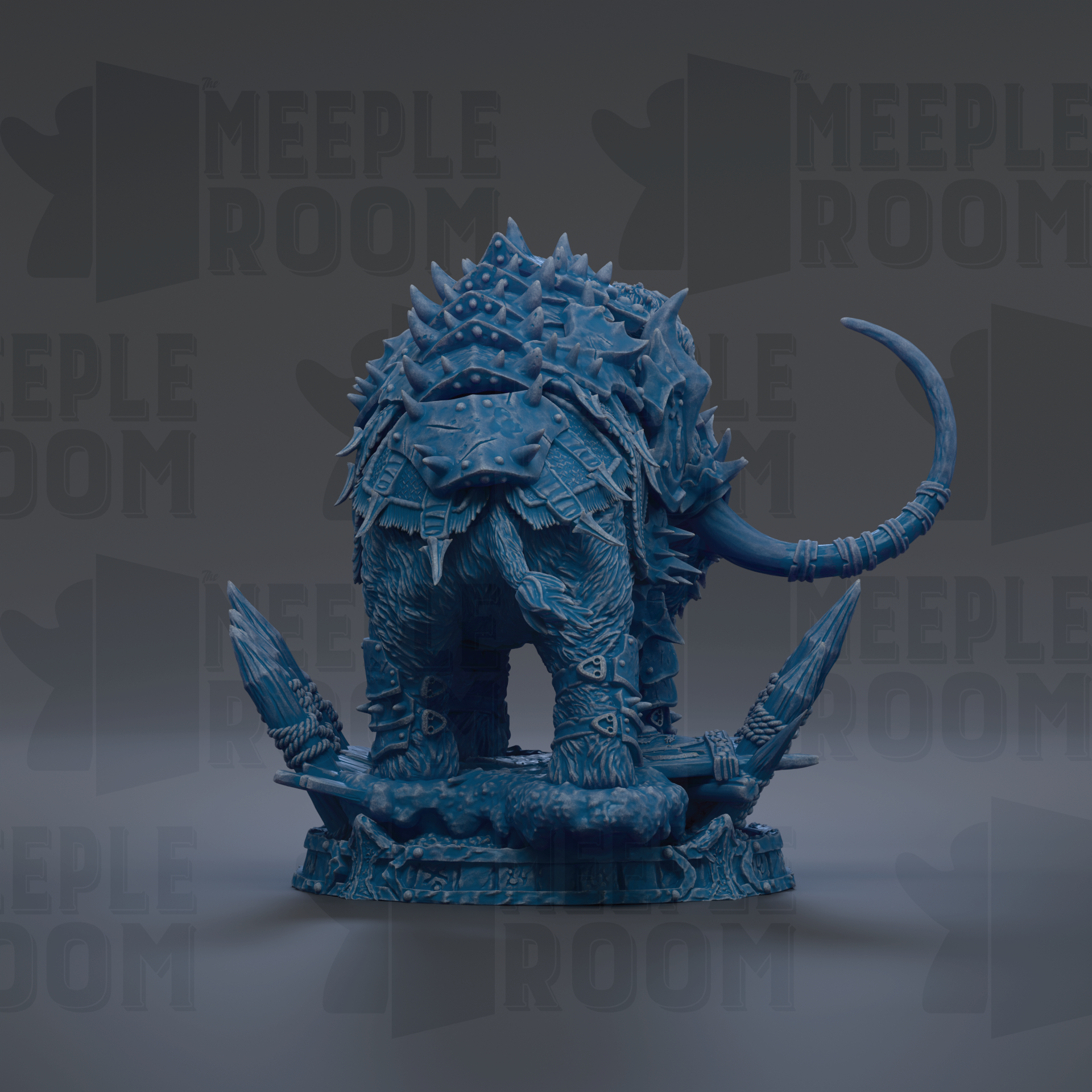 A blue, armored figurine with spikes and a crescent moon on its head, standing on a base.