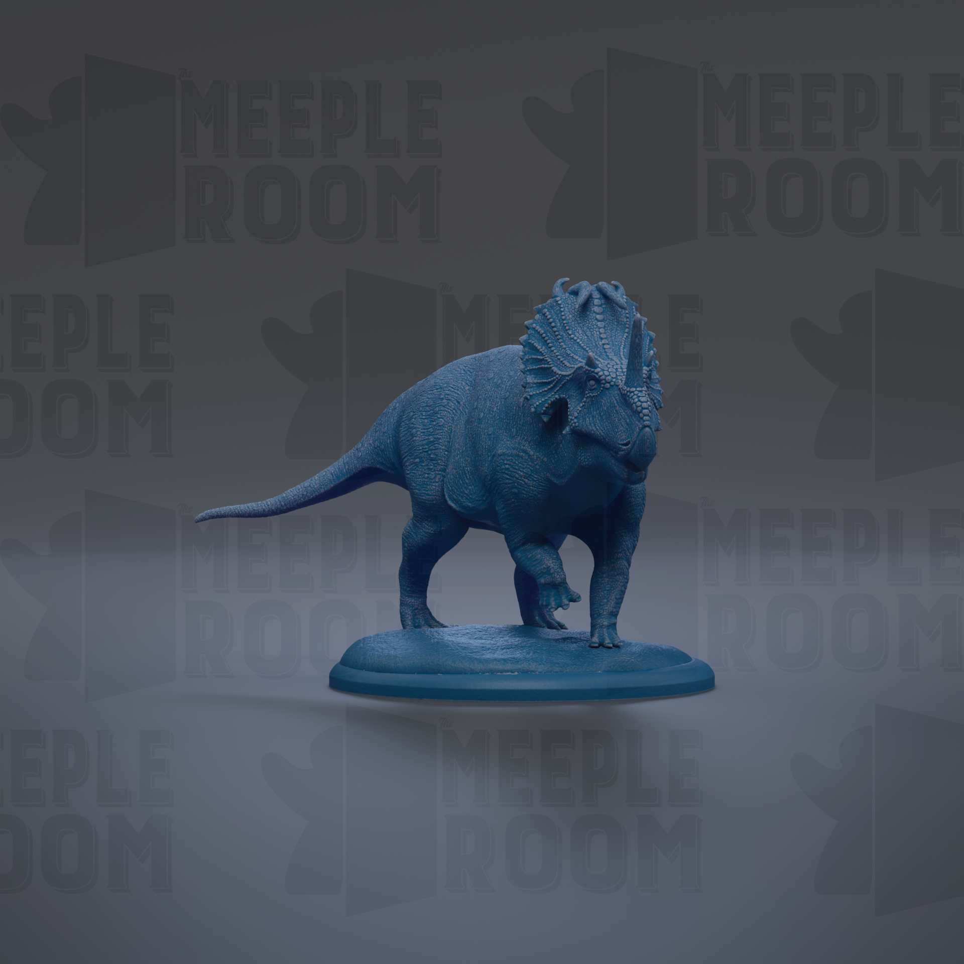 A blue dinosaur figurine is standing on a blue base against a gray background with repeated text.