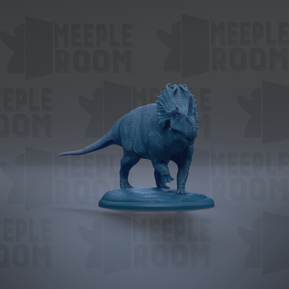 A blue dinosaur figurine is standing on a blue base against a gray background with repeated text.