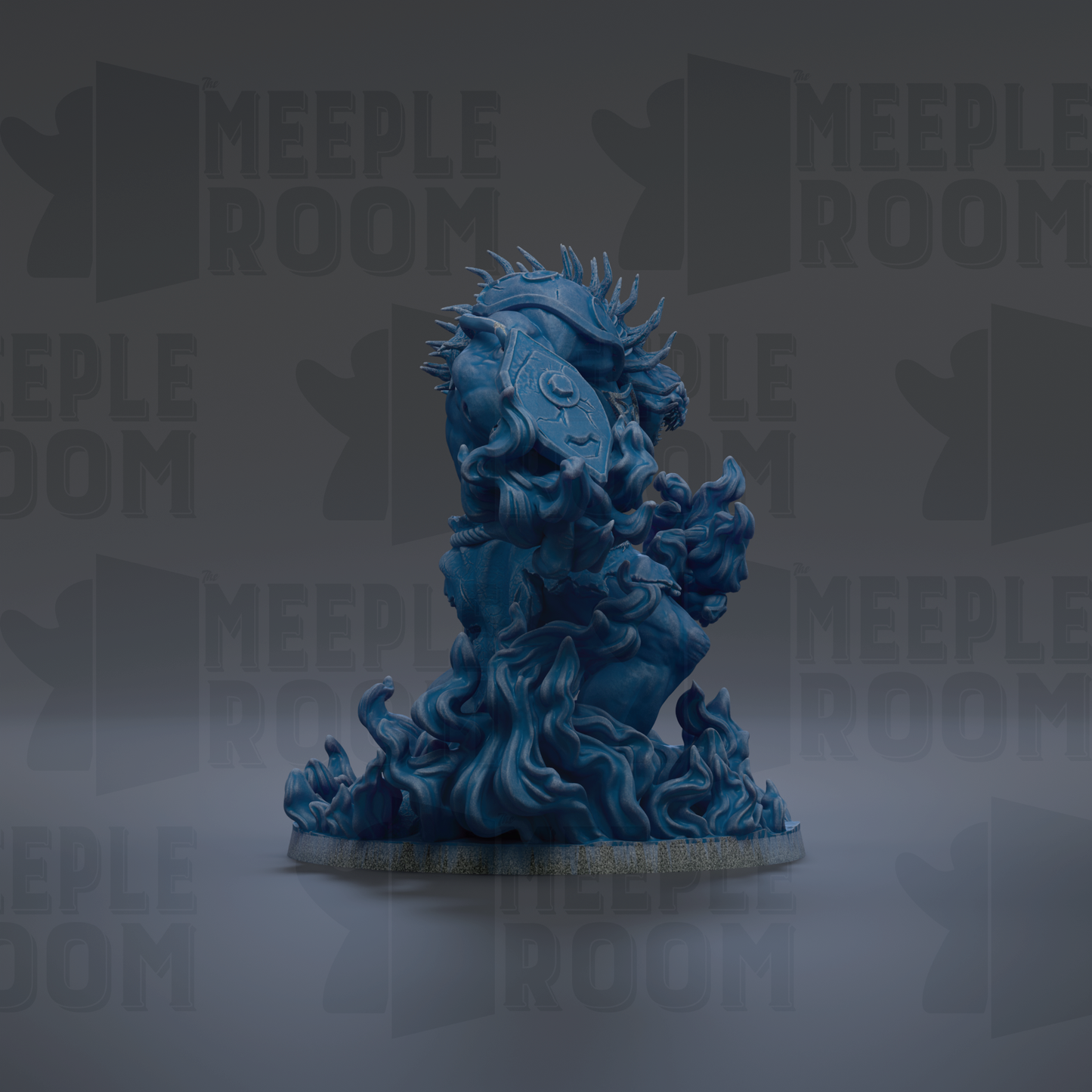 A blue, fantastical creature with spikes and flames emerging from its body, set against a dark background with repeated text.