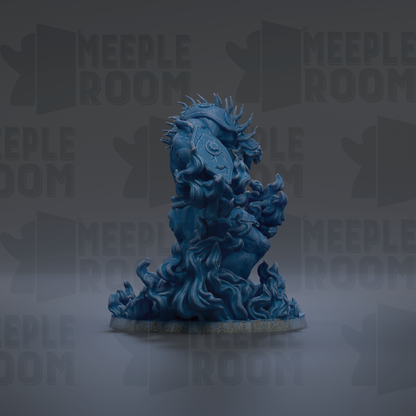 A blue, fantastical creature with spikes and flames emerging from its body, set against a dark background with repeated text.