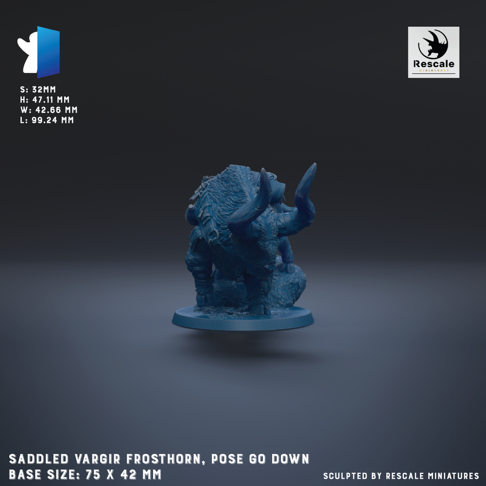 a 3D rendered model of a saddleled vargir frosthorn, which is a figurine that is posed to go down. The base size of the figurine is 75 x 42 mm. The figurine is displayed against a dark background, and it is described as being sculpted by Rescale miniatures.