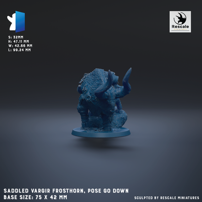 a 3D rendered model of a saddleled vargir frosthorn, which is a figurine that is posed to go down. The base size of the figurine is 75 x 42 mm. The figurine is displayed against a dark background, and it is described as being sculpted by Rescale miniatures.