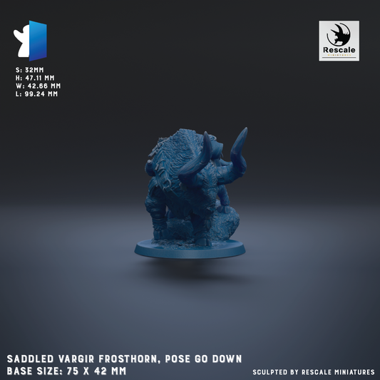 a 3D rendered model of a saddleled vargir frosthorn, which is a figurine that is posed to go down. The base size of the figurine is 75 x 42 mm. The figurine is displayed against a dark background, and it is described as being sculpted by Rescale miniatures.