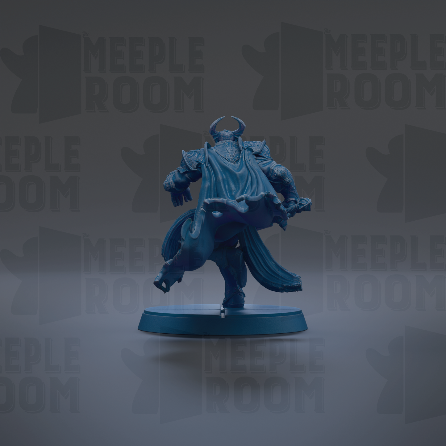 A blue figurine of a warrior figure is shown in a dynamic pose, standing on a platform against a dark background with repeated text.