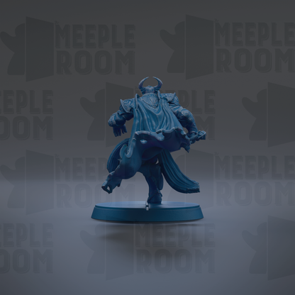 A blue figurine of a warrior figure is shown in a dynamic pose, standing on a platform against a dark background with repeated text.