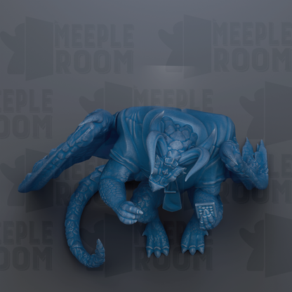 A blue dragon figurine is shown against a dark background with repeated text.