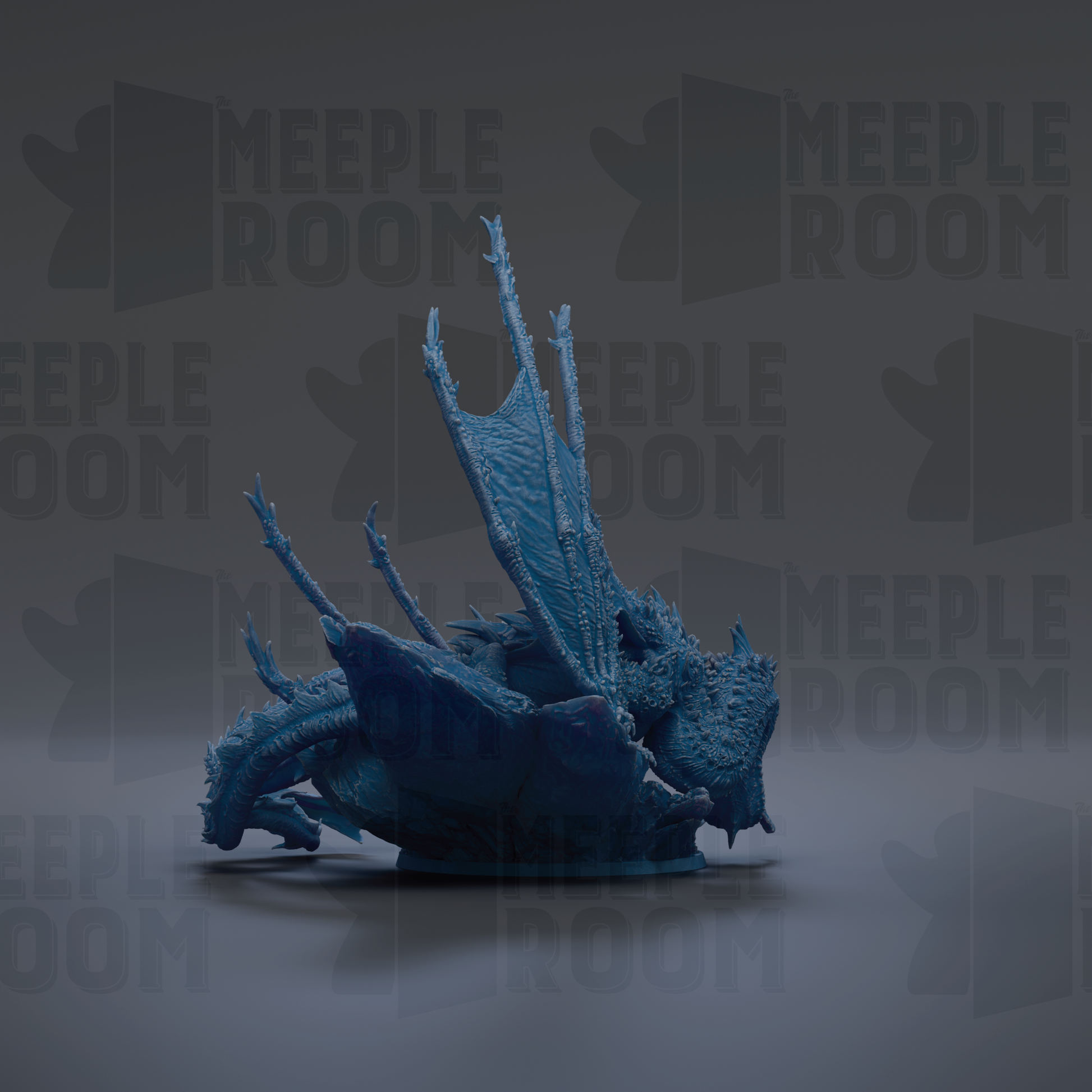 A blue dragon figurine is shown against a dark background with repeated text.