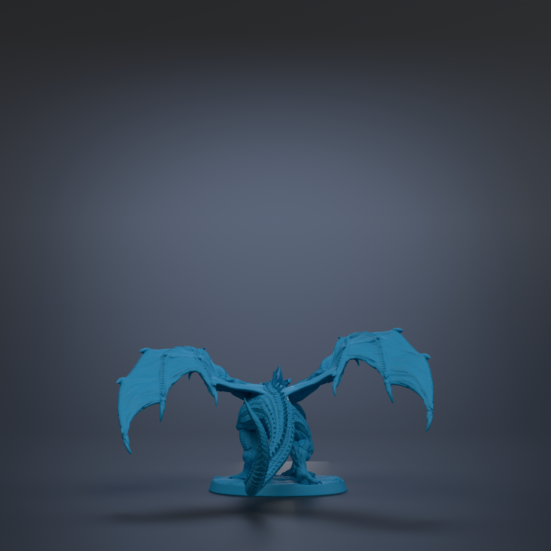A blue dragon figurine with wings spread out, standing on a gray surface against a dark background.