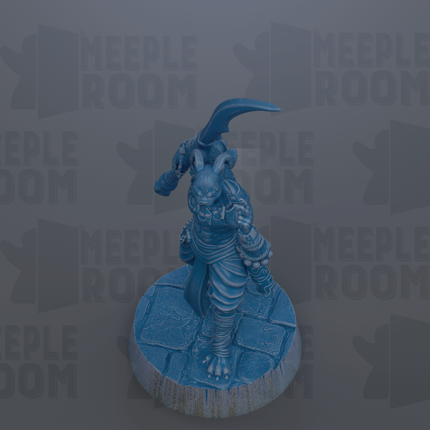A blue figurine of a warrior standing on a stone pedestal against a gray background.
